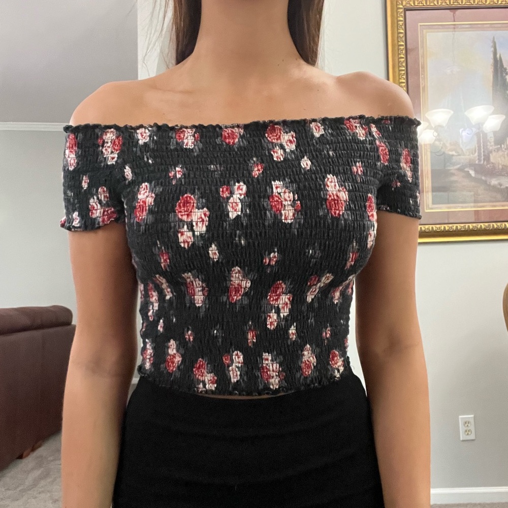EUC Black Floral Off the Shoulder Crop Top